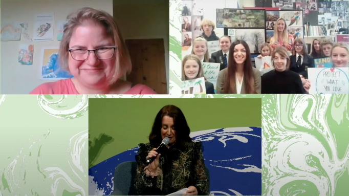 Screenshot of video call showing 3 images: a group of school children and researchers, a female speaker with microphone, and a woman as part of the COP26 interview